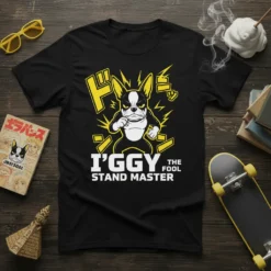 Black t-shirt featuring the I'GGY THE FOOL STAND MASTER design with a Boston Terrier character and yellow Japanese-inspired graphics