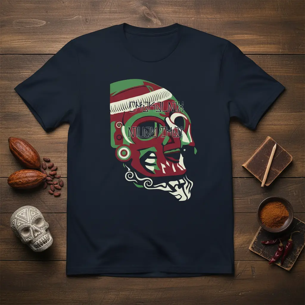 Ikingix Nununix Mayan skull mask design with intricate patterns and bold red, green, and white colors on a navy tee