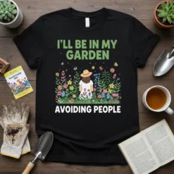 Black t-shirt with green text "I'll Be In My Garden" above a colorful garden scene and white text "Avoiding People"