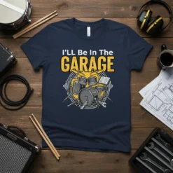 I'LL Be In The GARAGE T-Shirt featuring a drum kit graphic and bold yellow text, perfect for drummers