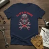 I'll Be In The Garage T-Shirt featuring a mechanic skull with headphones and crossed wrenches design