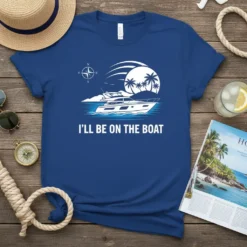 I'll Be On The Boat t-shirt with a white yacht, palm trees, and sunset graphic. Includes a compass rose and