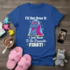 Graphic t-shirt featuring a blue hippo wearing sunglasses and a pink boa with the text "I'll Get Over It I