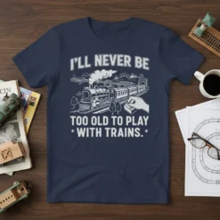 I'll Never Be Too Old To Play With Trains T-Shirt featuring a vintage train graphic and railway theme