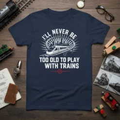 I'll Never Be Too Old to Play With Trains quote on a navy t-shirt with a modern train graphic and