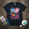 Cute axolotl wearing a party hat saying "I'm 10 Let's Party A Lotl!" on a black t-shirt, perfect for a