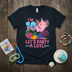 Cute axolotl wearing a party hat saying "I'm 10 Let's Party A Lotl!" on a black t-shirt, perfect for a