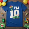 Blue t-shirt with "I'M 10 REYCE HERO" text and a cartoon garbage truck with balloons for a 10th birthday celebration