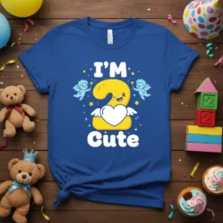 I'M 2 Cute T-Shirt design with a yellow number 2, heart, wings, and cherub characters, perfect for a two-year-old's birthday