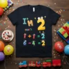 T-shirt with "I'm 2 THAT'S 1 + 1 = 2 6 - 4 = 2" text and cute math number