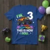 I'm 3 This Is How I Roll monster truck graphic t-shirt for a 3rd birthday boy, featuring bold text and