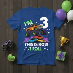 I'm 3 This Is How I Roll monster truck graphic t-shirt for a 3rd birthday boy, featuring bold text and