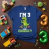 I'm 3 And Crushing It dinosaur graphic t-shirt for a 3rd birthday celebration
