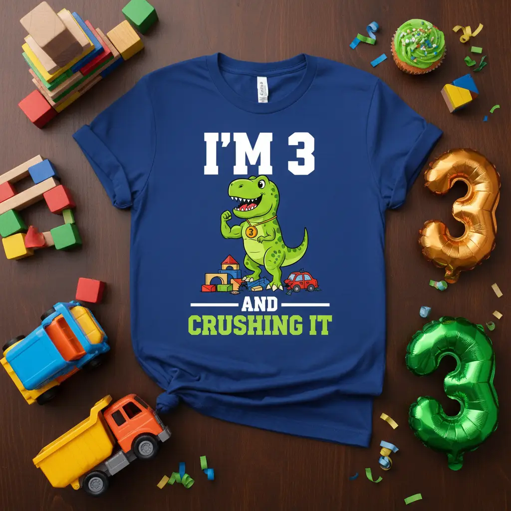 I'm 3 And Crushing It toddler birthday t-shirt with a cartoon T-Rex graphic