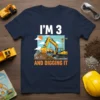 I'm 3 And Digging It construction birthday t-shirt with excavator graphic and bold text