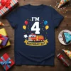 I'm 4 Birthday Boy t-shirt design featuring a red fire truck, balloons, and confetti