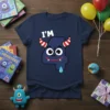 I'm 4 birthday t-shirt with a cute blue monster face and horns, designed for four-year-olds