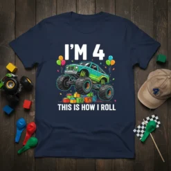 I'm 4 This Is How I Roll 4th birthday boy monster truck t-shirt with colorful balloons and blocks