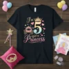 Black t-shirt with "I'm 5 and a Princess" text, a crown, and a carriage graphic for a 5th birthday girl