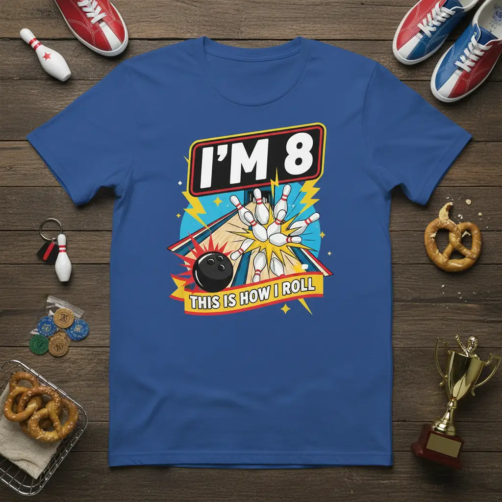 I'm 8 This Is How I Roll humorous bowling quote with graphic of ball hitting pins