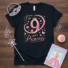 Black t-shirt with "I'm 9 and a Princess" text, featuring a large pink glittery number 9 with a crown, surrounded