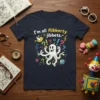 T-shirt with the quote "I'm all flibberty jibbets" featuring a white octopus graphic and colorful musical notes and question marks