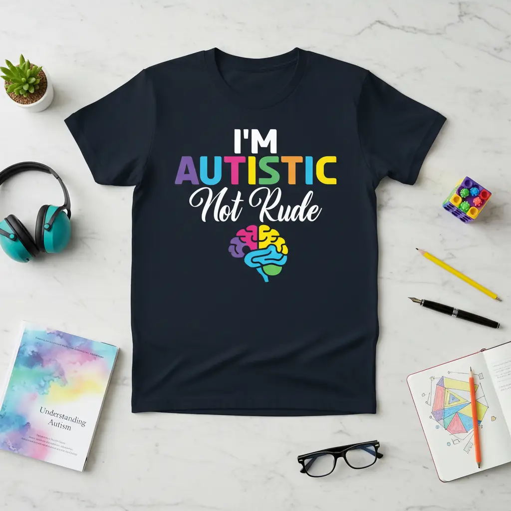 I'm Autistic Not Rude colorful text and brain design on a comfortable t-shirt