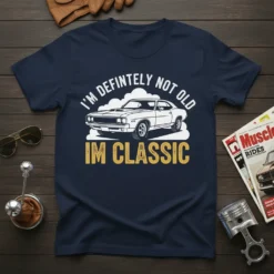 I'm Definitely Not Old I'm Classic text with vintage white car graphic on a navy blue t-shirt