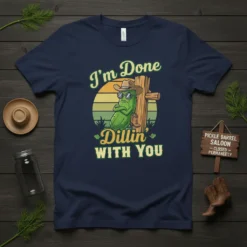 I'm Done Dillin' WITH YOU funny pickle t-shirt with a cartoon pickle wearing sunglasses and cowboy boots