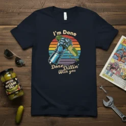 I'm Done Done Dillin' With You t-shirt with robot arm holding a pickle, vintage sunset background, and distressed typography
