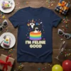 T-shirt with the text "I'm Feline Good" and a cartoon black and white cat wearing a party hat, holding gifts