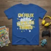 Blue t-shirt with yellow and white text that reads "I'M FELIX DOING FELIX FELIX THINGS" in a comic book style