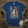 Gothic t-shirt design with "I'm Fine" text, featuring a skeleton cat on a flaming tower, roses, skull, and moon, inspired
