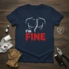 Dark blue t-shirt with a graphic of a torso with a stitched scar and "I'm FINE" printed below