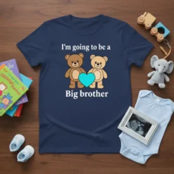 Navy blue t-shirt with white text "I'm going to be a Big brother" and two teddy bears holding a teal