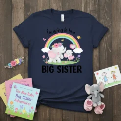 I'm Going To Be A Big Sister t-shirt with elephants, rainbow, and floral accents