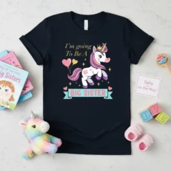 I'm Going To Be A Big Sister unicorn t-shirt with pink balloons and stars graphic