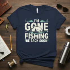 I'm Gone Fishing Be Back Soon t-shirt design with a silhouette of a fisherman in a boat at sunrise