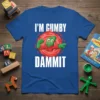 I'm Gumby Dammit text with Gumby character flexing and pointing, on a blue t-shirt