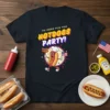 I'm Here For The Hotdogs Party! text with a cartoon hotdog chef illustration on a black t-shirt