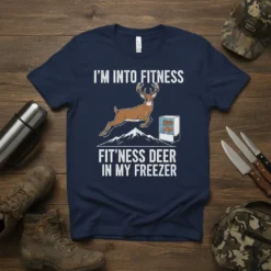 I'M INTO FITNESS FIT'NESS DEER IN MY FREEZER quote on a navy t-shirt with a deer jumping over mountains and