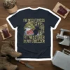 T-shirt with "I'm Into Fitness Fit'ness Deer In My Freezer" text, a deer silhouette, steaks, and a camouflage flag design