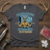 T-shirt with text "I'm Into Fitness Fit'ness Deer in My Freezer" featuring a muscular deer lifting dumbbells and a freezer