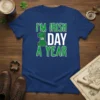 I'm Irish 1 Day A Year text with Celtic knot design on a navy blue t-shirt