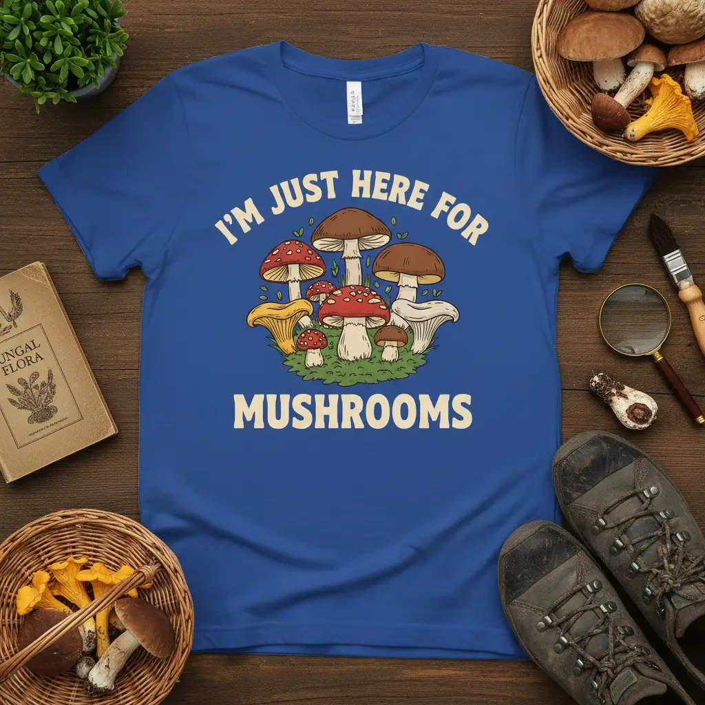 I'm Just Here For Mushrooms quote with cartoon mushroom illustration on a royal blue t-shirt