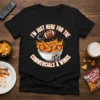 Black t-shirt with "I'm Just Here For The Commercials & Wings" text, featuring a football, bowl of chicken wings, and