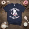 I'm Just Here For The Donuts T-Shirt featuring a cute chef donut graphic and pink text on a navy shirt