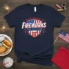 Navy t-shirt with "I'm Just Here For The Fireworks And Free Food" text and a graphic of a hot dog