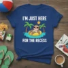 T-shirt with "I'm Just Here For The Recess" text and a cartoon sloth on an inflatable ring in water with