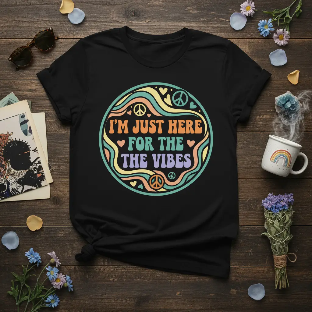 I’m Just Here for the Vibes Retro Peace Sign T-Shirt